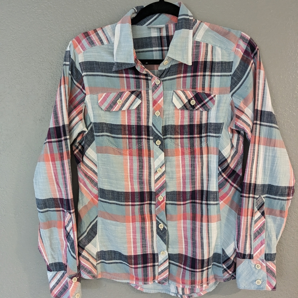 Columbia Women’s Long Sleeve Button Down 100% Cotton Plaid Light Shirt M 8-10